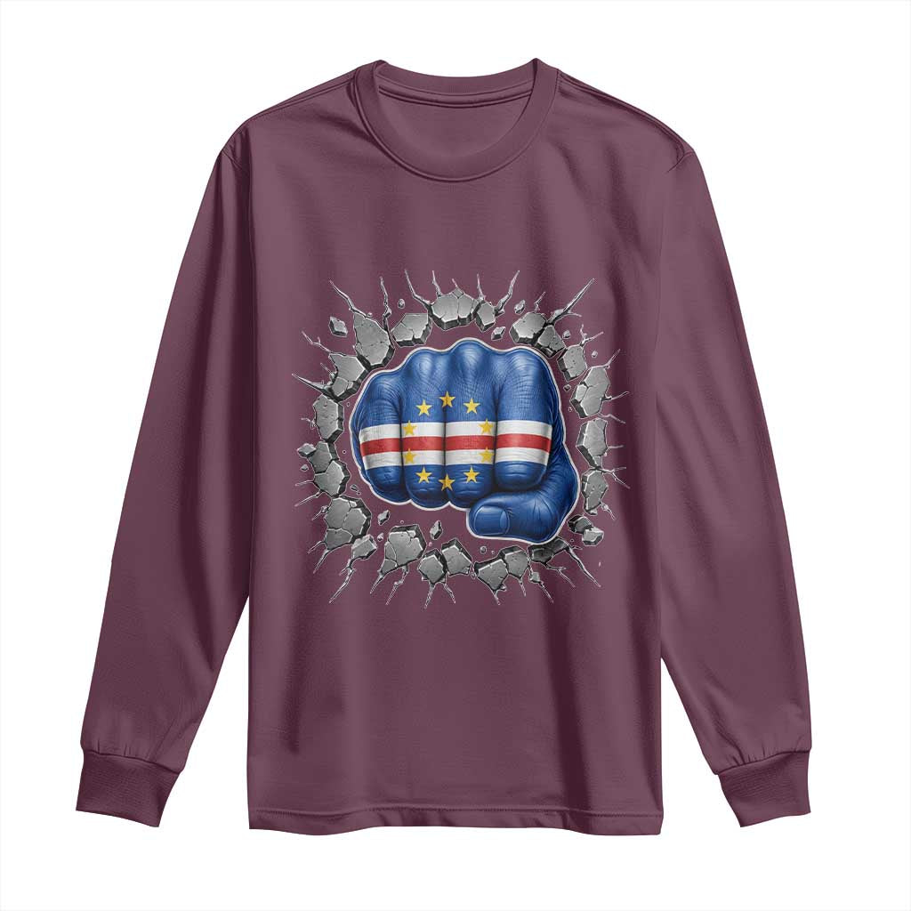Cape Verde Flag Fist Power Stone Wall Break Graphic Long Sleeve Shirt Cabo Verde Strong Roots National Pride TS02 Maroon Print Your Wear