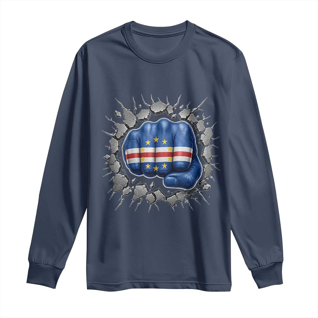 Cape Verde Flag Fist Power Stone Wall Break Graphic Long Sleeve Shirt Cabo Verde Strong Roots National Pride TS02 Navy Print Your Wear