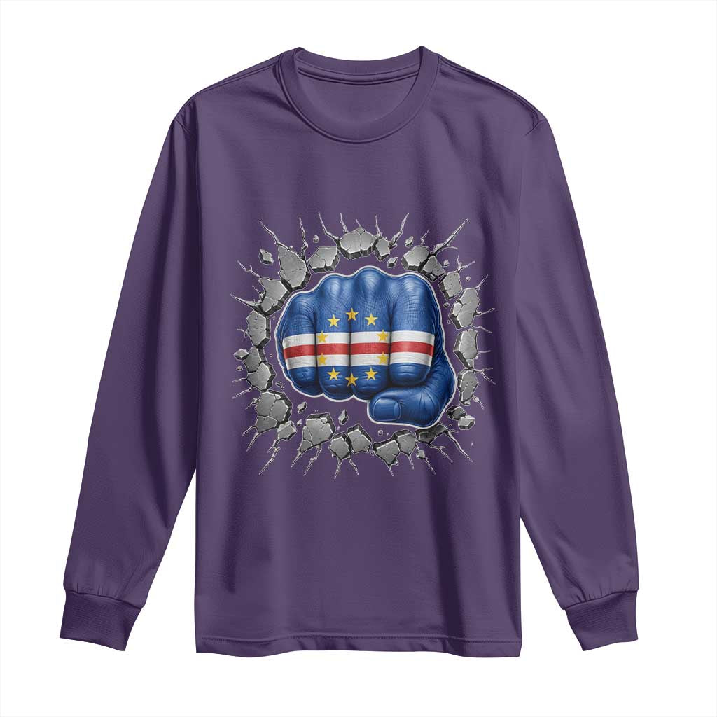 Cape Verde Flag Fist Power Stone Wall Break Graphic Long Sleeve Shirt Cabo Verde Strong Roots National Pride TS02 Purple Print Your Wear