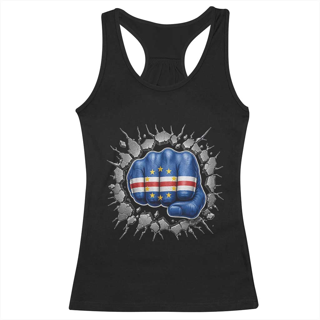 Cape Verde Flag Fist Power Stone Wall Break Graphic Racerback Tank Top Cabo Verde Strong Roots National Pride TS02 Black Print Your Wear