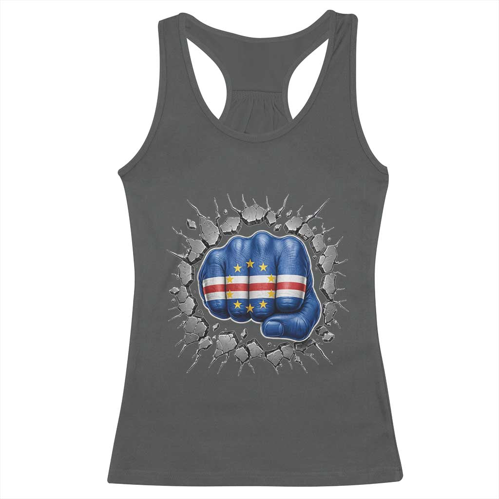 Cape Verde Flag Fist Power Stone Wall Break Graphic Racerback Tank Top Cabo Verde Strong Roots National Pride TS02 Dark Heather Print Your Wear
