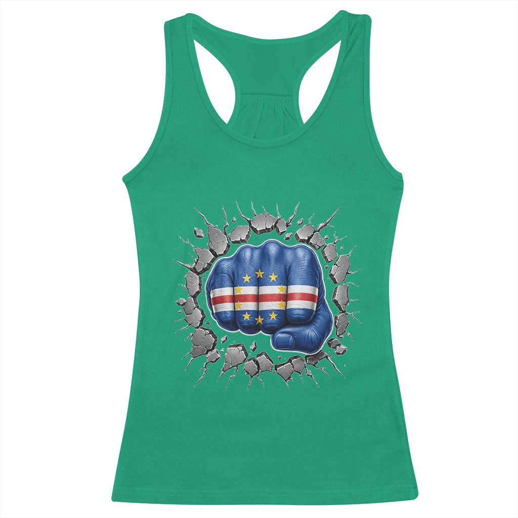 Cape Verde Flag Fist Power Stone Wall Break Graphic Racerback Tank Top Cabo Verde Strong Roots National Pride TS02 Irish Green Print Your Wear
