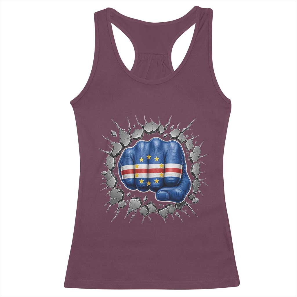Cape Verde Flag Fist Power Stone Wall Break Graphic Racerback Tank Top Cabo Verde Strong Roots National Pride TS02 Maroon Print Your Wear