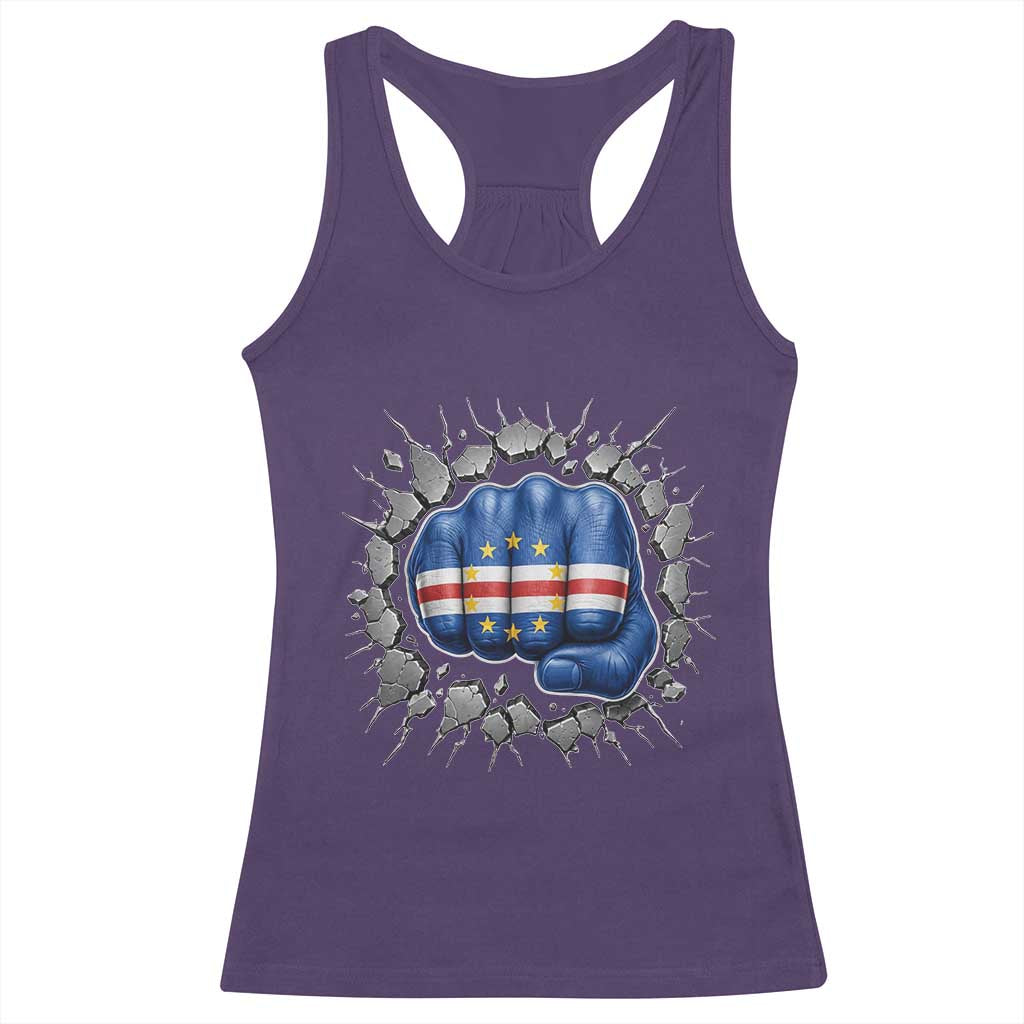 Cape Verde Flag Fist Power Stone Wall Break Graphic Racerback Tank Top Cabo Verde Strong Roots National Pride TS02 Purple Print Your Wear