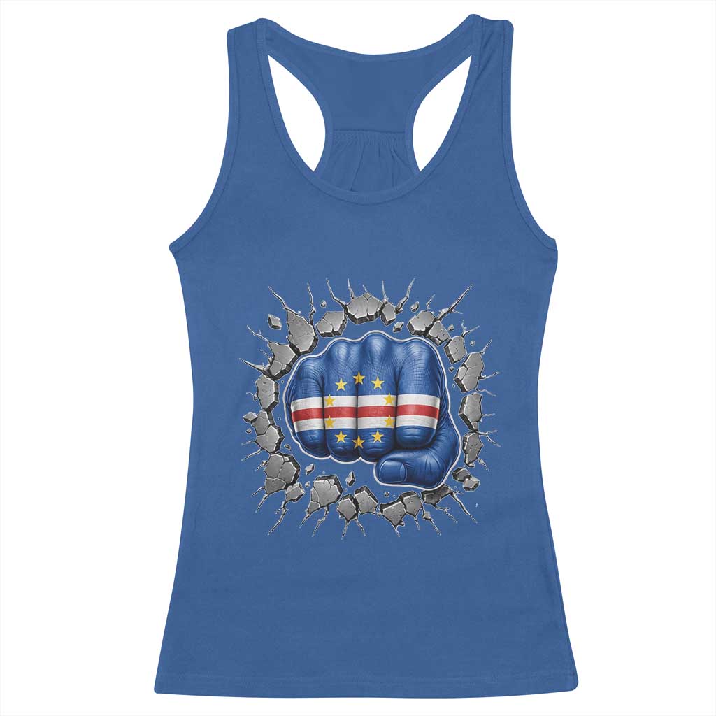 Cape Verde Flag Fist Power Stone Wall Break Graphic Racerback Tank Top Cabo Verde Strong Roots National Pride TS02 Royal Blue Print Your Wear