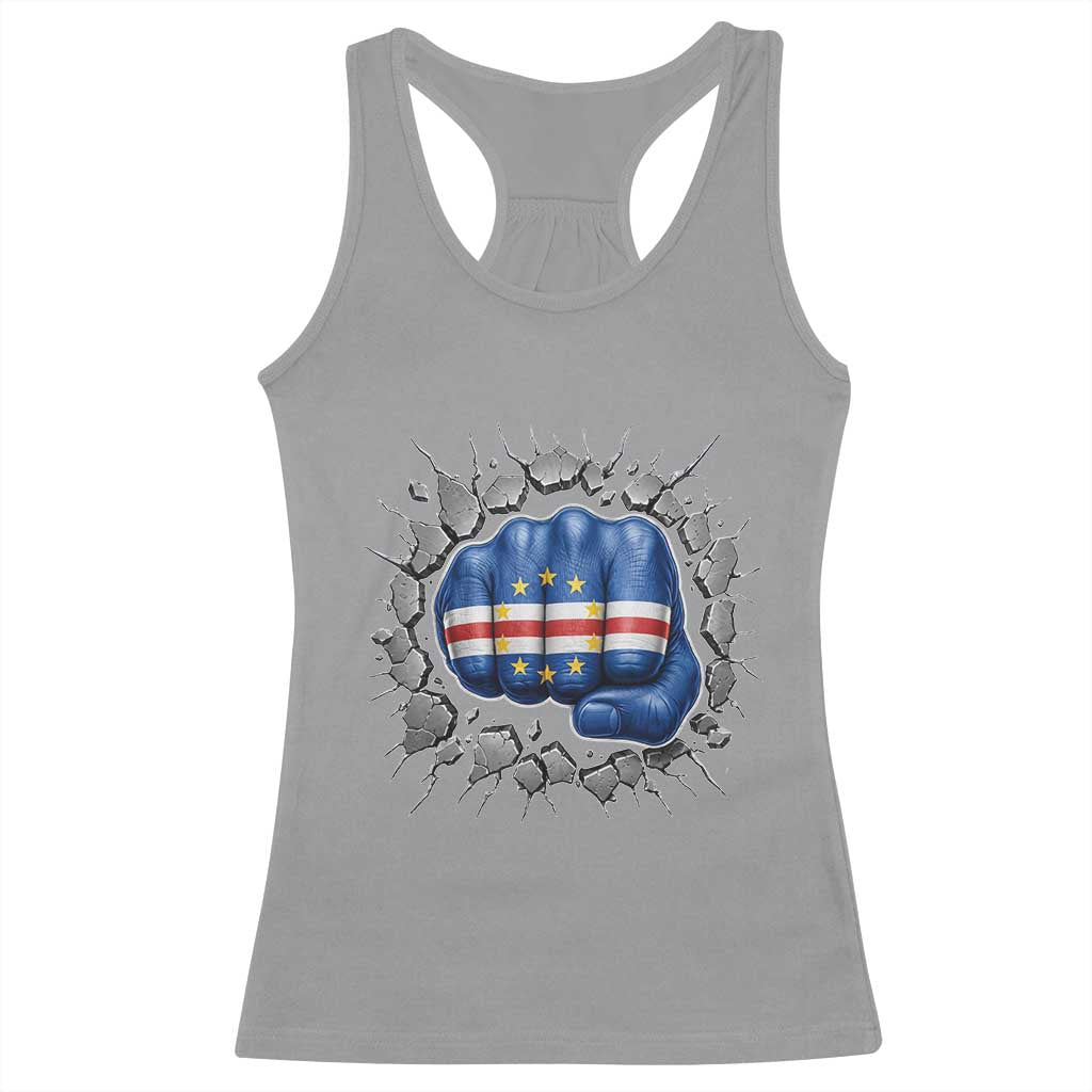 Cape Verde Flag Fist Power Stone Wall Break Graphic Racerback Tank Top Cabo Verde Strong Roots National Pride TS02 Sport Gray Print Your Wear