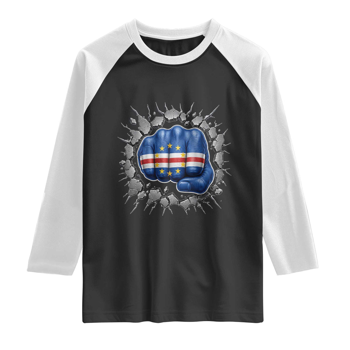 Cape Verde Flag Fist Power Stone Wall Break Graphic Raglan Shirt Cabo Verde Strong Roots National Pride TS02 Black White Print Your Wear