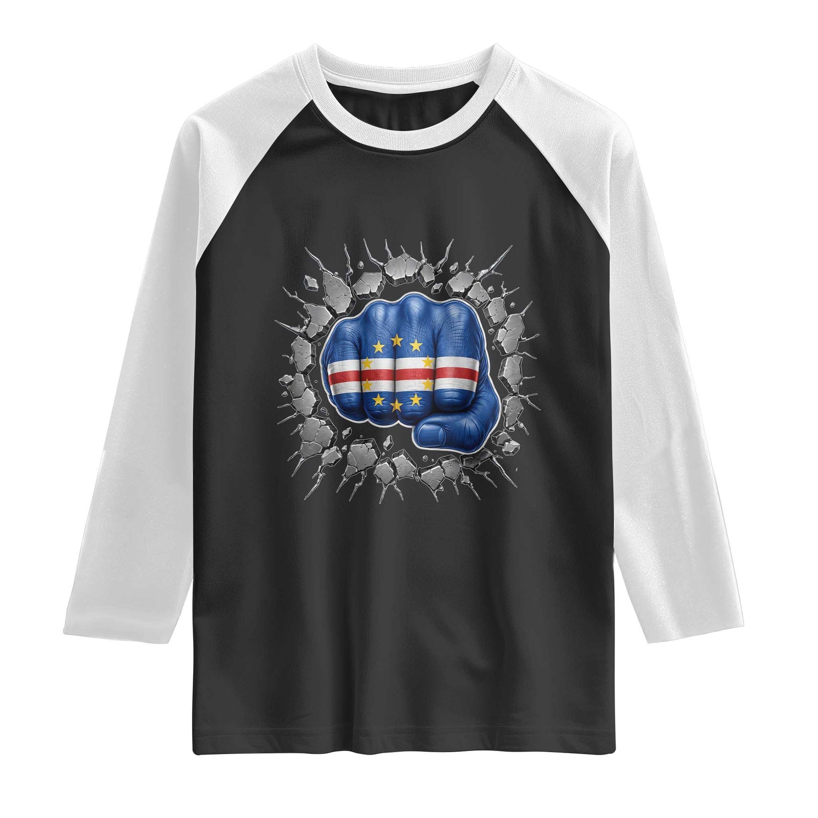 Cape Verde Flag Fist Power Stone Wall Break Graphic Raglan Shirt Cabo Verde Strong Roots National Pride TS02 Black White Print Your Wear