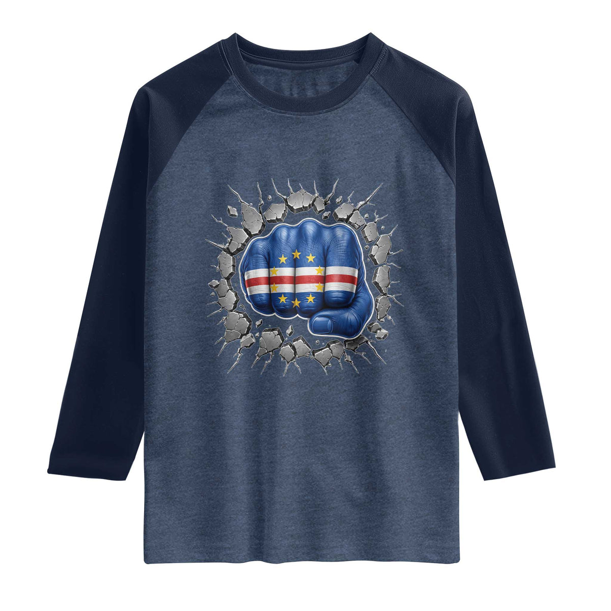 Cape Verde Flag Fist Power Stone Wall Break Graphic Raglan Shirt Cabo Verde Strong Roots National Pride TS02 Heather Denim Navy Print Your Wear