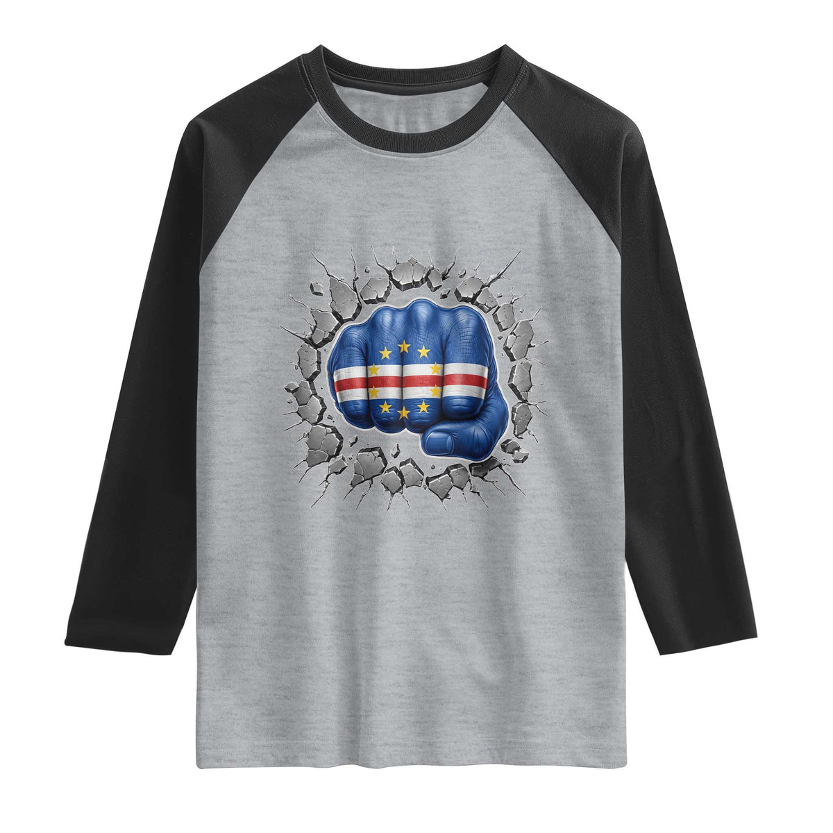 Cape Verde Flag Fist Power Stone Wall Break Graphic Raglan Shirt Cabo Verde Strong Roots National Pride TS02 Heather Gray Black Print Your Wear