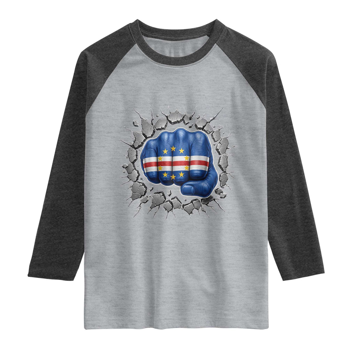 Cape Verde Flag Fist Power Stone Wall Break Graphic Raglan Shirt Cabo Verde Strong Roots National Pride TS02 Heather Gray Heather Charcoal Print Your Wear