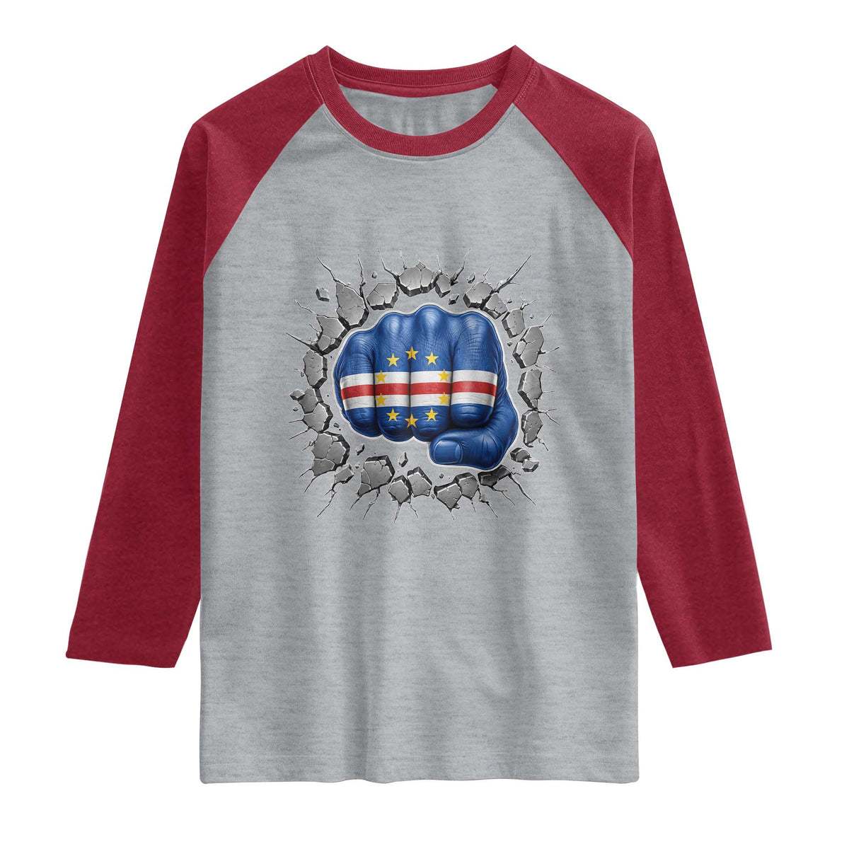 Cape Verde Flag Fist Power Stone Wall Break Graphic Raglan Shirt Cabo Verde Strong Roots National Pride TS02 Heather Gray Heather Red Print Your Wear