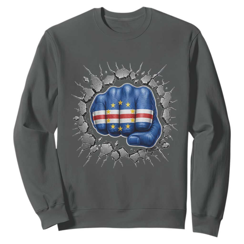 Cape Verde Flag Fist Power Stone Wall Break Graphic Sweatshirt Cabo Verde Strong Roots National Pride TS02 Dark Heather Print Your Wear