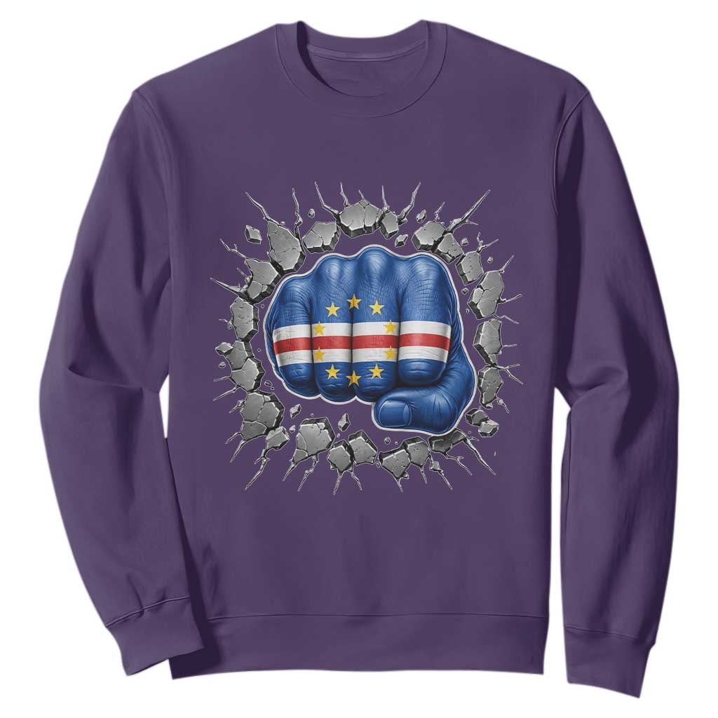 Cape Verde Flag Fist Power Stone Wall Break Graphic Sweatshirt Cabo Verde Strong Roots National Pride TS02 Purple Print Your Wear