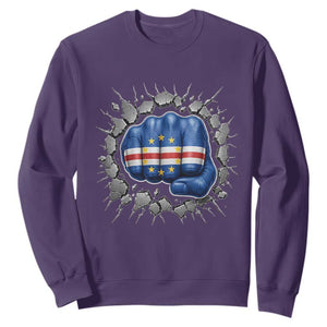 Cape Verde Flag Fist Power Stone Wall Break Graphic Sweatshirt Cabo Verde Strong Roots National Pride TS02 Purple Print Your Wear