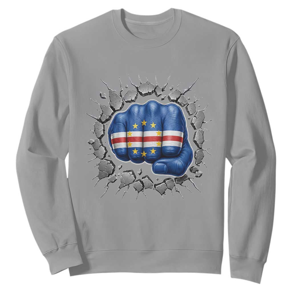 Cape Verde Flag Fist Power Stone Wall Break Graphic Sweatshirt Cabo Verde Strong Roots National Pride TS02 Sport Gray Print Your Wear