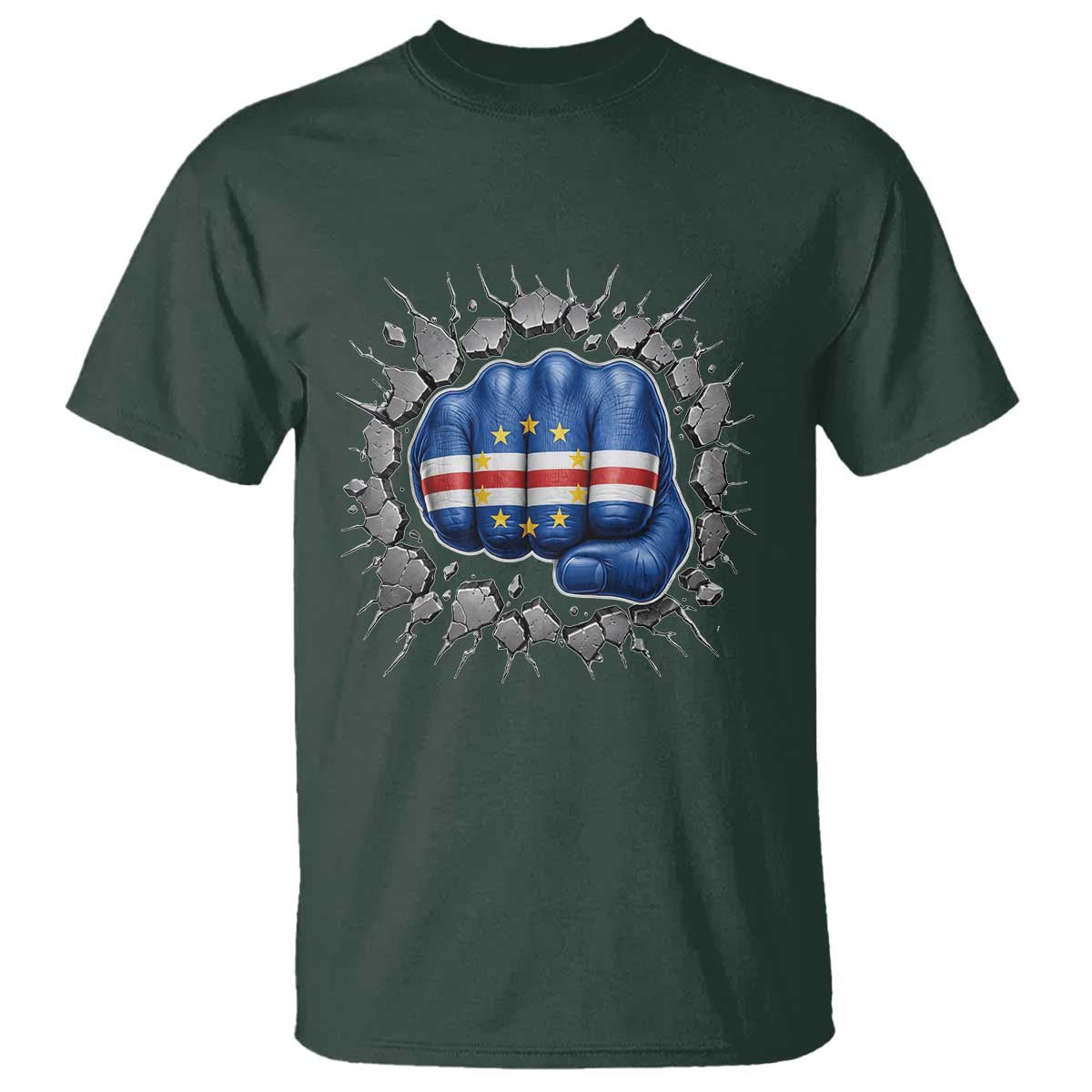 Cape Verde Flag Fist Power Stone Wall Break Graphic T Shirt Cabo Verde Strong Roots National Pride TS02 Dark Forest Green Print Your Wear