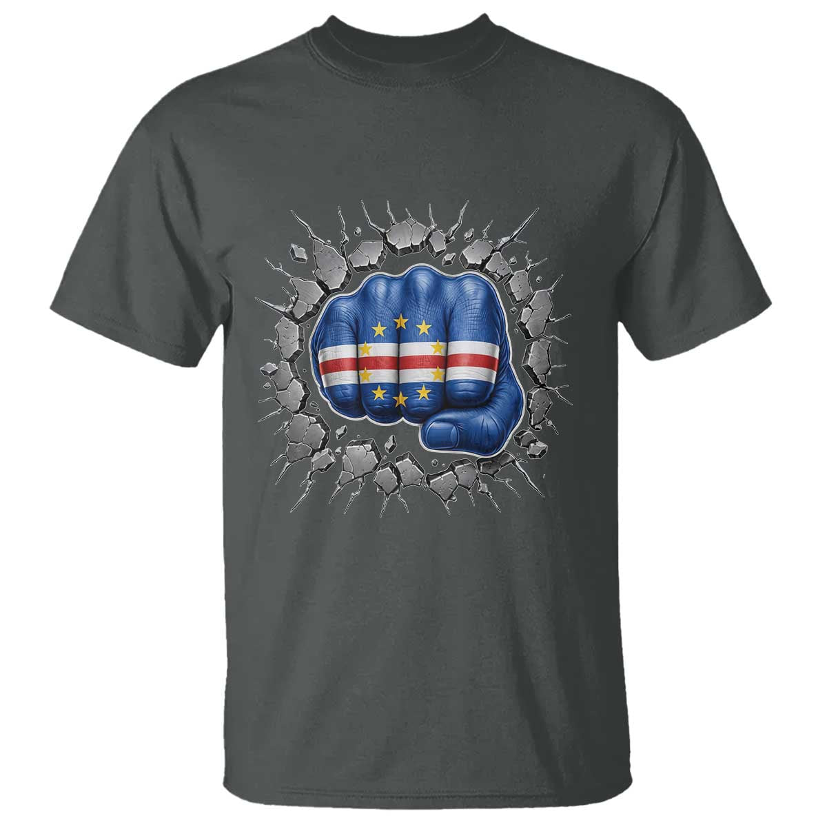 Cape Verde Flag Fist Power Stone Wall Break Graphic T Shirt Cabo Verde Strong Roots National Pride TS02 Dark Heather Print Your Wear
