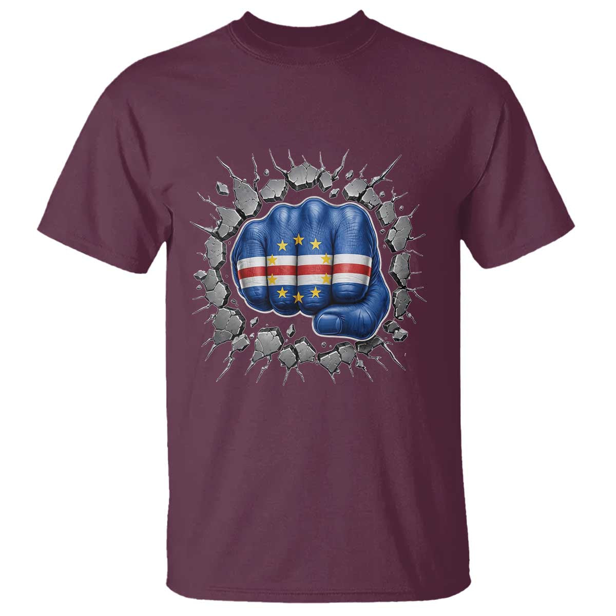 Cape Verde Flag Fist Power Stone Wall Break Graphic T Shirt Cabo Verde Strong Roots National Pride TS02 Maroon Print Your Wear
