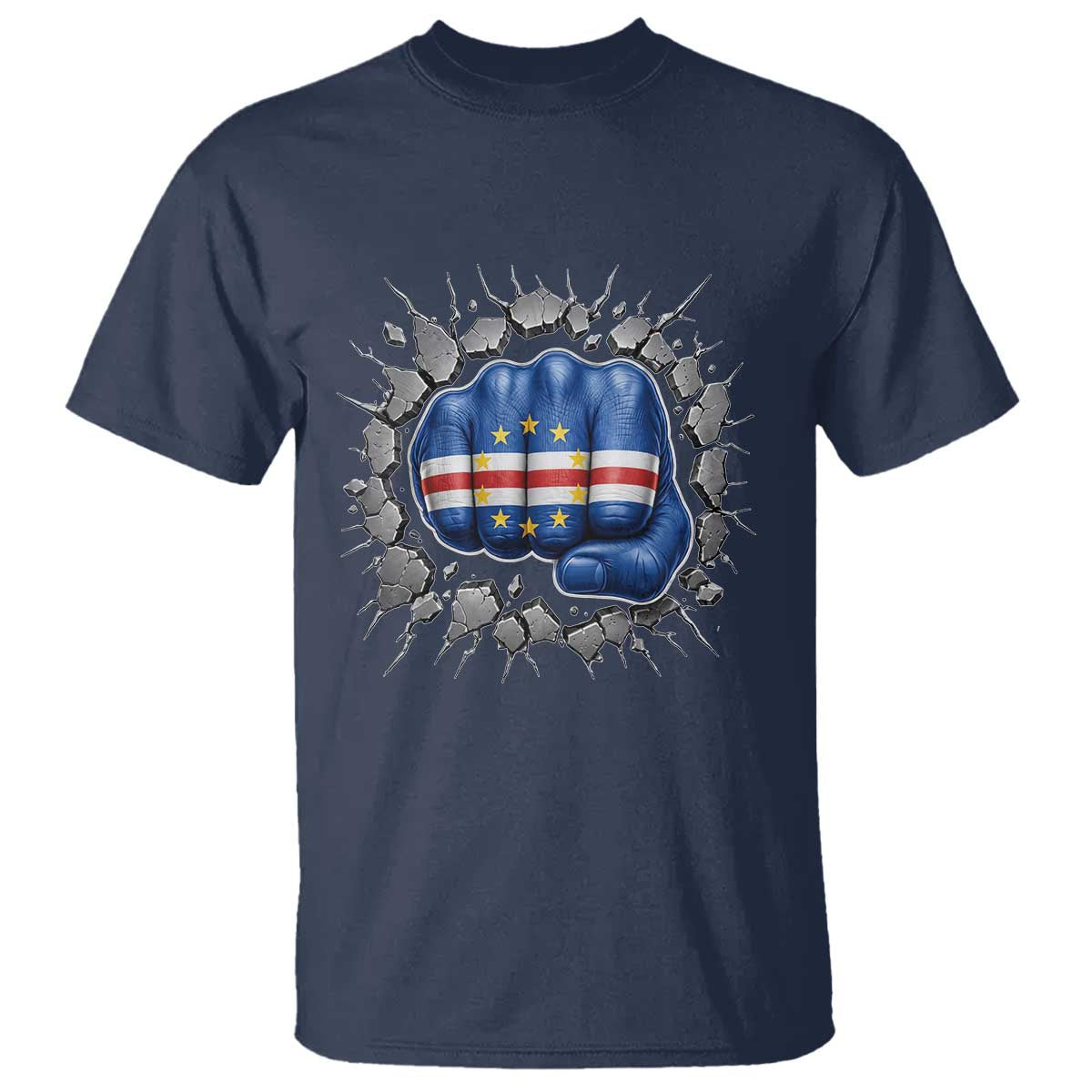 Cape Verde Flag Fist Power Stone Wall Break Graphic T Shirt Cabo Verde Strong Roots National Pride TS02 Navy Print Your Wear