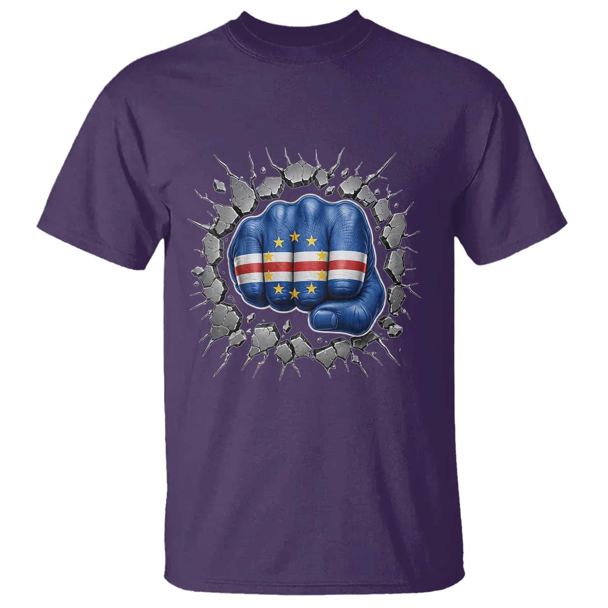 Cape Verde Flag Fist Power Stone Wall Break Graphic T Shirt Cabo Verde Strong Roots National Pride TS02 Purple Print Your Wear