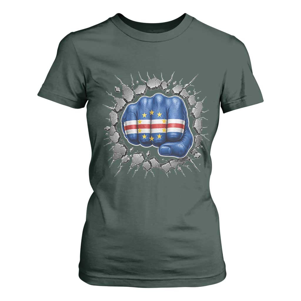 Cape Verde Flag Fist Power Stone Wall Break Graphic T Shirt For Women Cabo Verde Strong Roots National Pride TS02 Dark Forest Green Print Your Wear