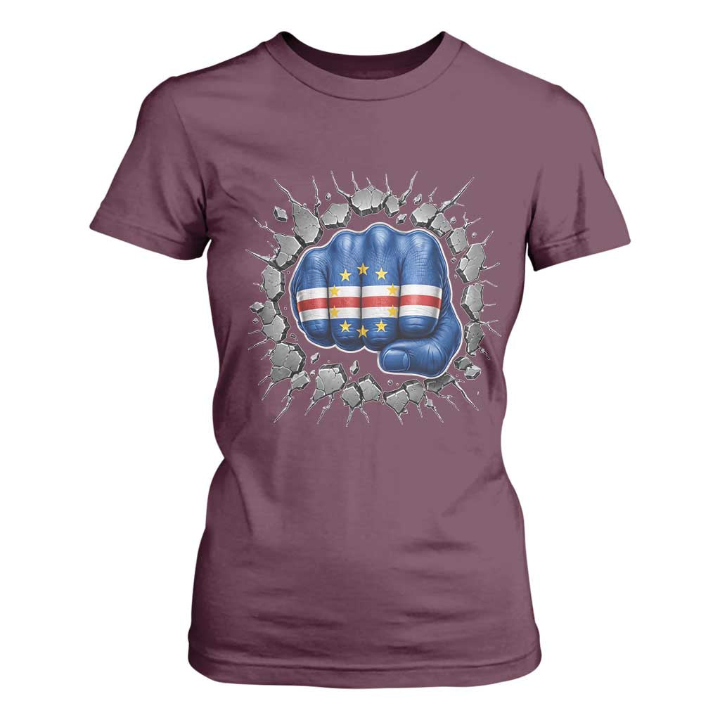 Cape Verde Flag Fist Power Stone Wall Break Graphic T Shirt For Women Cabo Verde Strong Roots National Pride TS02 Maroon Print Your Wear