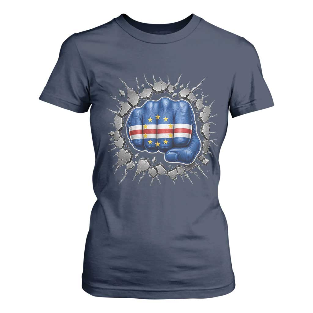 Cape Verde Flag Fist Power Stone Wall Break Graphic T Shirt For Women Cabo Verde Strong Roots National Pride TS02 Navy Print Your Wear
