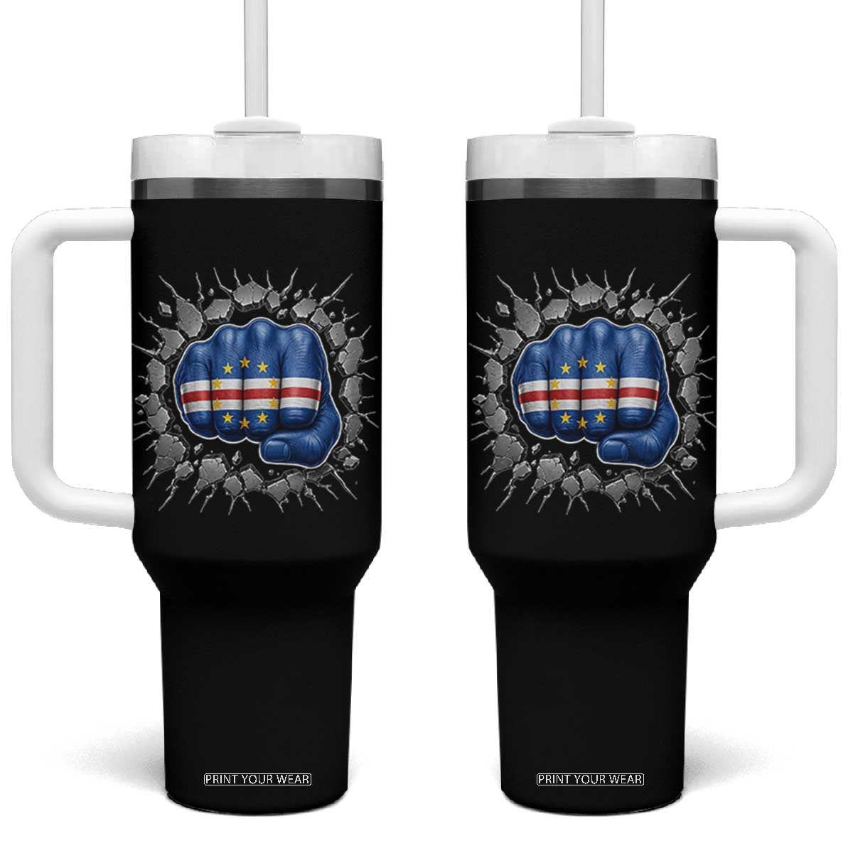 Cape Verde Flag Fist Power Stone Wall Break Graphic Tumbler With Handle Cabo Verde Strong Roots National Pride TS02 One Size: 40 oz Black Print Your Wear