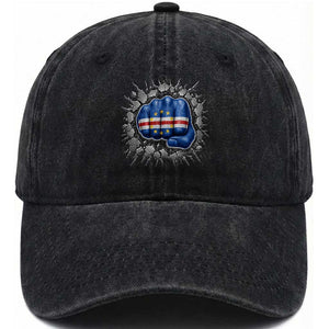 Cape Verde Flag Fist Power Stone Wall Break Graphic Washed Cotton Baseball Cap Cabo Verde Strong Roots National Pride TS02 Print Your Wear
