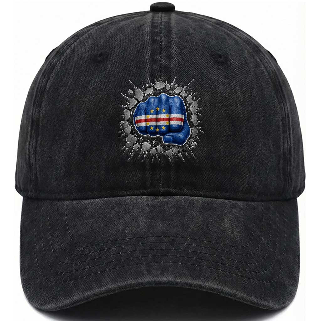 Cape Verde Flag Fist Power Stone Wall Break Graphic Washed Cotton Baseball Cap Cabo Verde Strong Roots National Pride TS02 Print Your Wear