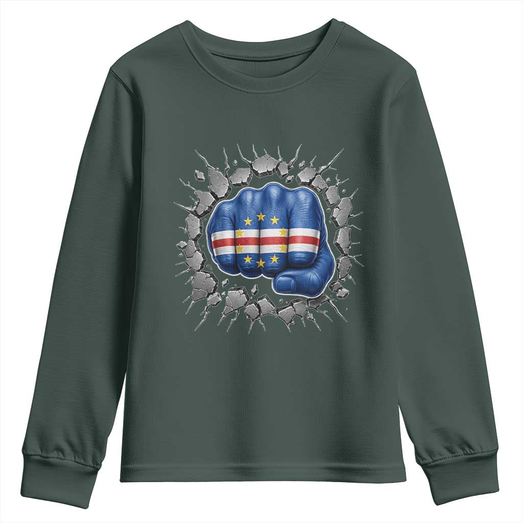 Cape Verde Flag Fist Power Stone Wall Break Graphic Youth Sweatshirt Cabo Verde Strong Roots National Pride TS02 Dark Forest Green Print Your Wear