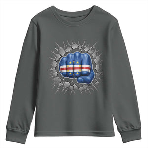 Cape Verde Flag Fist Power Stone Wall Break Graphic Youth Sweatshirt Cabo Verde Strong Roots National Pride TS02 Dark Heather Print Your Wear