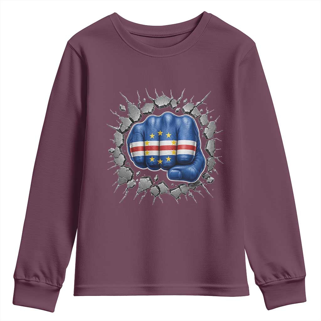 Cape Verde Flag Fist Power Stone Wall Break Graphic Youth Sweatshirt Cabo Verde Strong Roots National Pride TS02 Maroon Print Your Wear