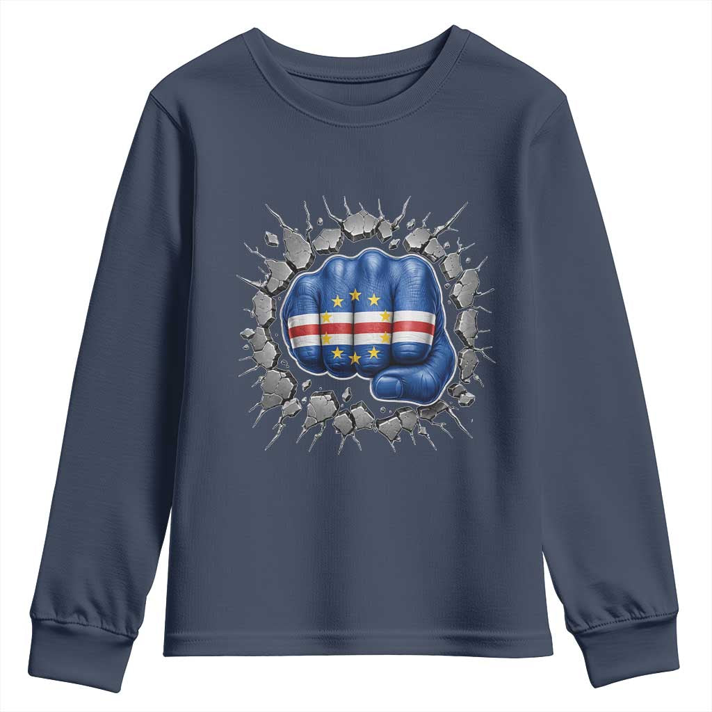 Cape Verde Flag Fist Power Stone Wall Break Graphic Youth Sweatshirt Cabo Verde Strong Roots National Pride TS02 Navy Print Your Wear