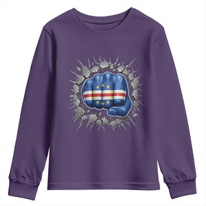 Cape Verde Flag Fist Power Stone Wall Break Graphic Youth Sweatshirt Cabo Verde Strong Roots National Pride TS02 Purple Print Your Wear