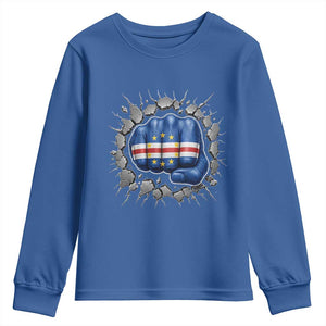 Cape Verde Flag Fist Power Stone Wall Break Graphic Youth Sweatshirt Cabo Verde Strong Roots National Pride TS02 Royal Blue Print Your Wear