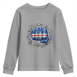 Cape Verde Flag Fist Power Stone Wall Break Graphic Youth Sweatshirt Cabo Verde Strong Roots National Pride TS02 Sport Gray Print Your Wear