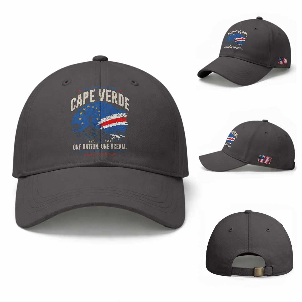Cape Verde Small Islands Big Hearts Pride Baseball Cap Cabo Verde One Nation One Dream Distressed Flag TS02 Baseball Cap Universal Fit Dark Gray Print Your Wear