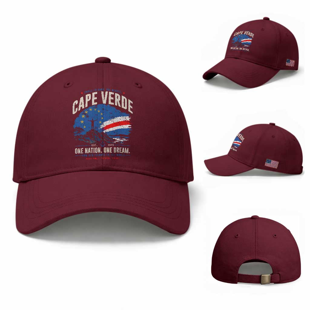 Cape Verde Small Islands Big Hearts Pride Baseball Cap Cabo Verde One Nation One Dream Distressed Flag TS02 Baseball Cap Universal Fit Maroon Print Your Wear