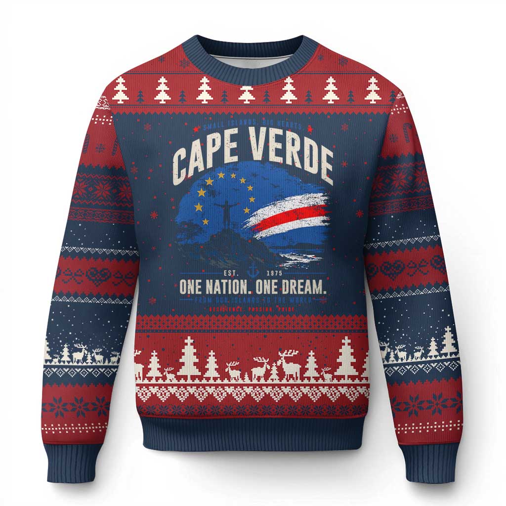 Cape Verde Small Islands Big Hearts Pride Ugly Christmas Sweater Cabo Verde One Nation One Dream Distressed Flag TS02 Navy Red Print Your Wear