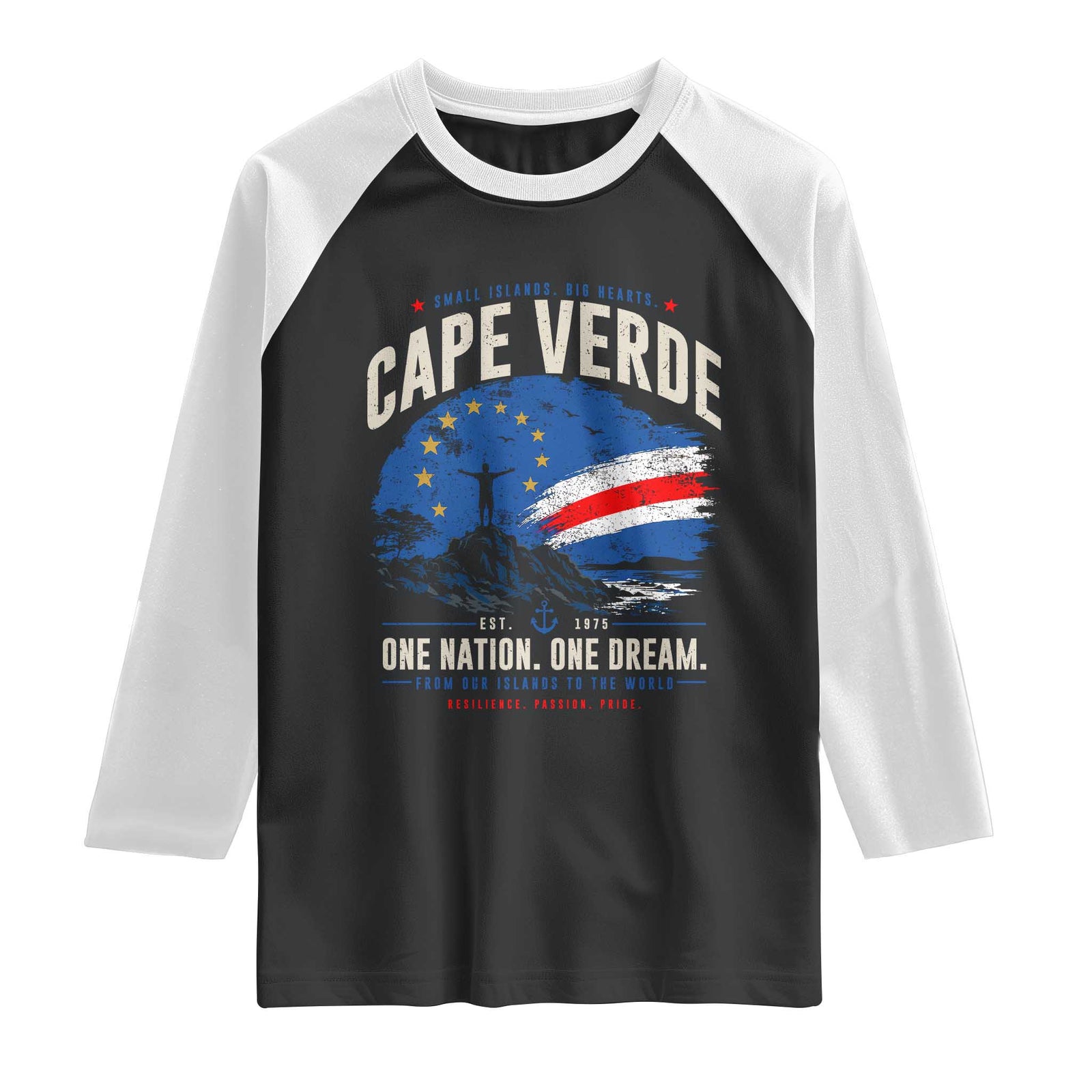 Cape Verde Small Islands Big Hearts Pride Raglan Shirt Cabo Verde One Nation One Dream Distressed Flag TS02 Black White Print Your Wear