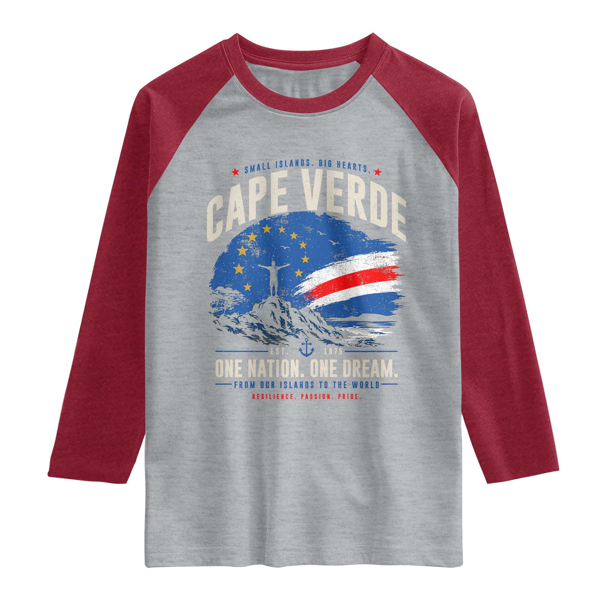 Cape Verde Small Islands Big Hearts Pride Raglan Shirt Cabo Verde One Nation One Dream Distressed Flag TS02 Heather Gray Heather Red Print Your Wear