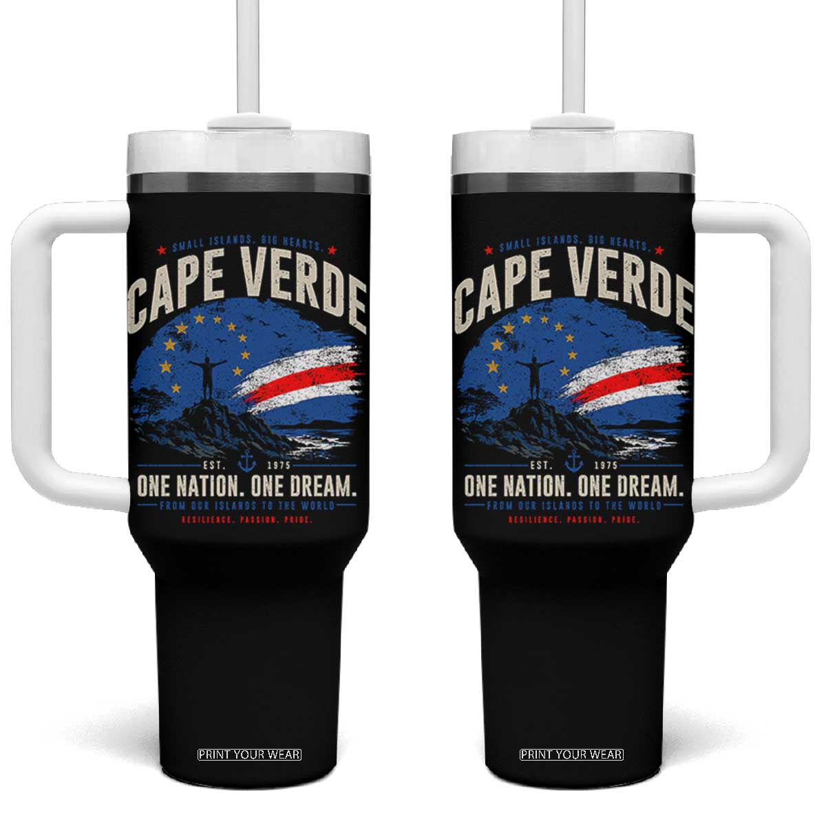 Cape Verde Small Islands Big Hearts Pride Tumbler With Handle Cabo Verde One Nation One Dream Distressed Flag TS02 One Size: 40 oz Black Print Your Wear
