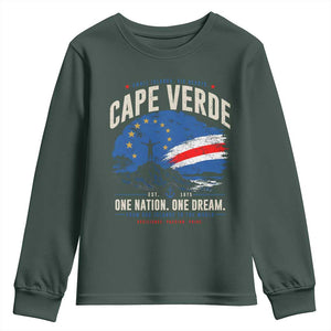 Cape Verde Small Islands Big Hearts Pride Youth Sweatshirt Cabo Verde One Nation One Dream Distressed Flag TS02 Dark Forest Green Print Your Wear