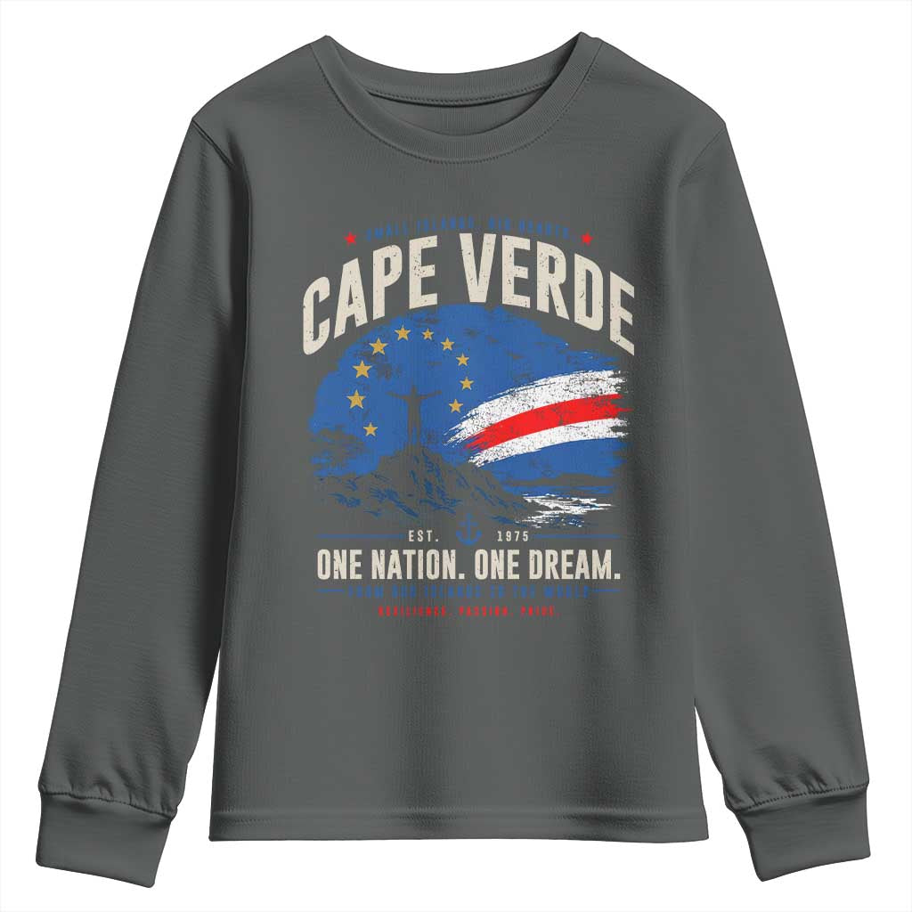Cape Verde Small Islands Big Hearts Pride Youth Sweatshirt Cabo Verde One Nation One Dream Distressed Flag TS02 Dark Heather Print Your Wear