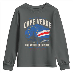 Cape Verde Small Islands Big Hearts Pride Youth Sweatshirt Cabo Verde One Nation One Dream Distressed Flag TS02 Dark Heather Print Your Wear