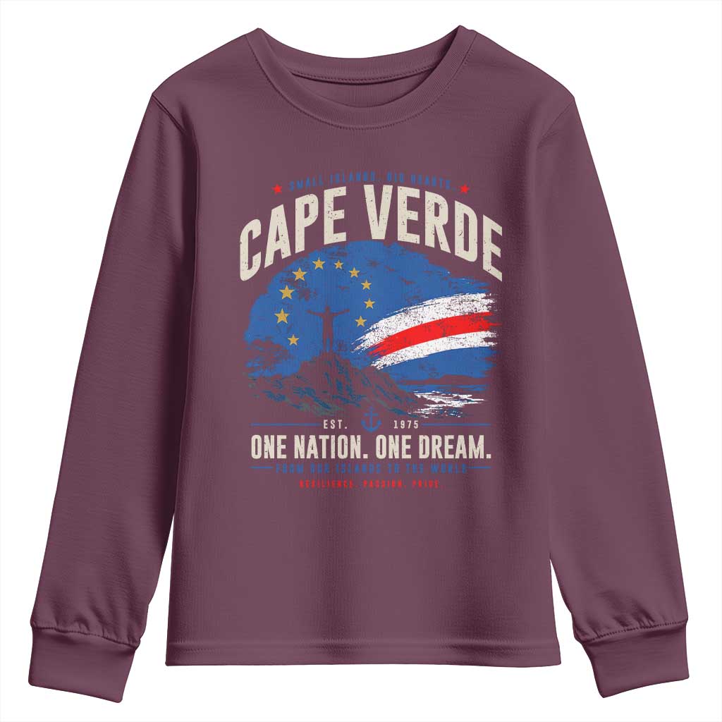 Cape Verde Small Islands Big Hearts Pride Youth Sweatshirt Cabo Verde One Nation One Dream Distressed Flag TS02 Maroon Print Your Wear