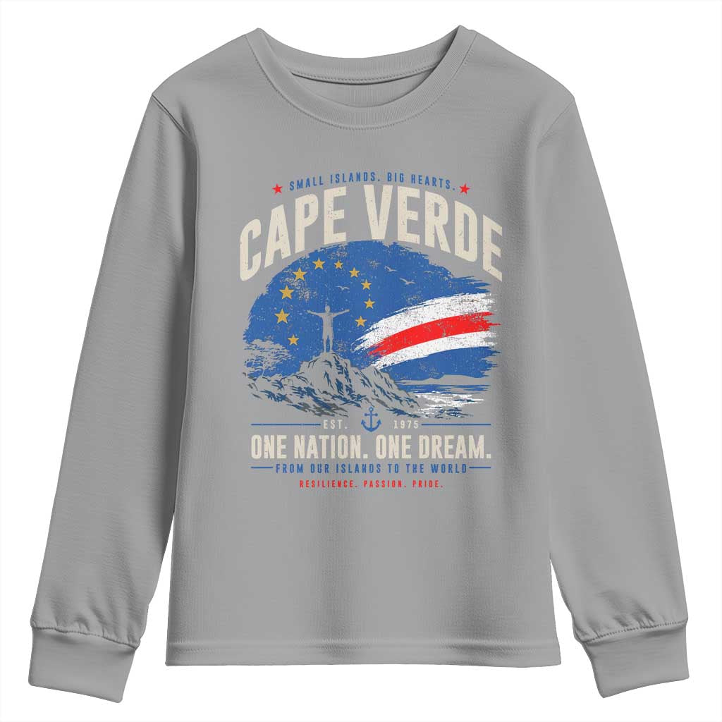 Cape Verde Small Islands Big Hearts Pride Youth Sweatshirt Cabo Verde One Nation One Dream Distressed Flag TS02 Sport Gray Print Your Wear