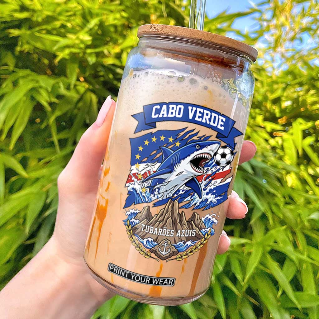 Cabo Verde Tubarões Azuis Soccer Pride Glass Can Cape Verde Blue Sharks Football Fans TS02 White Print Your Wear